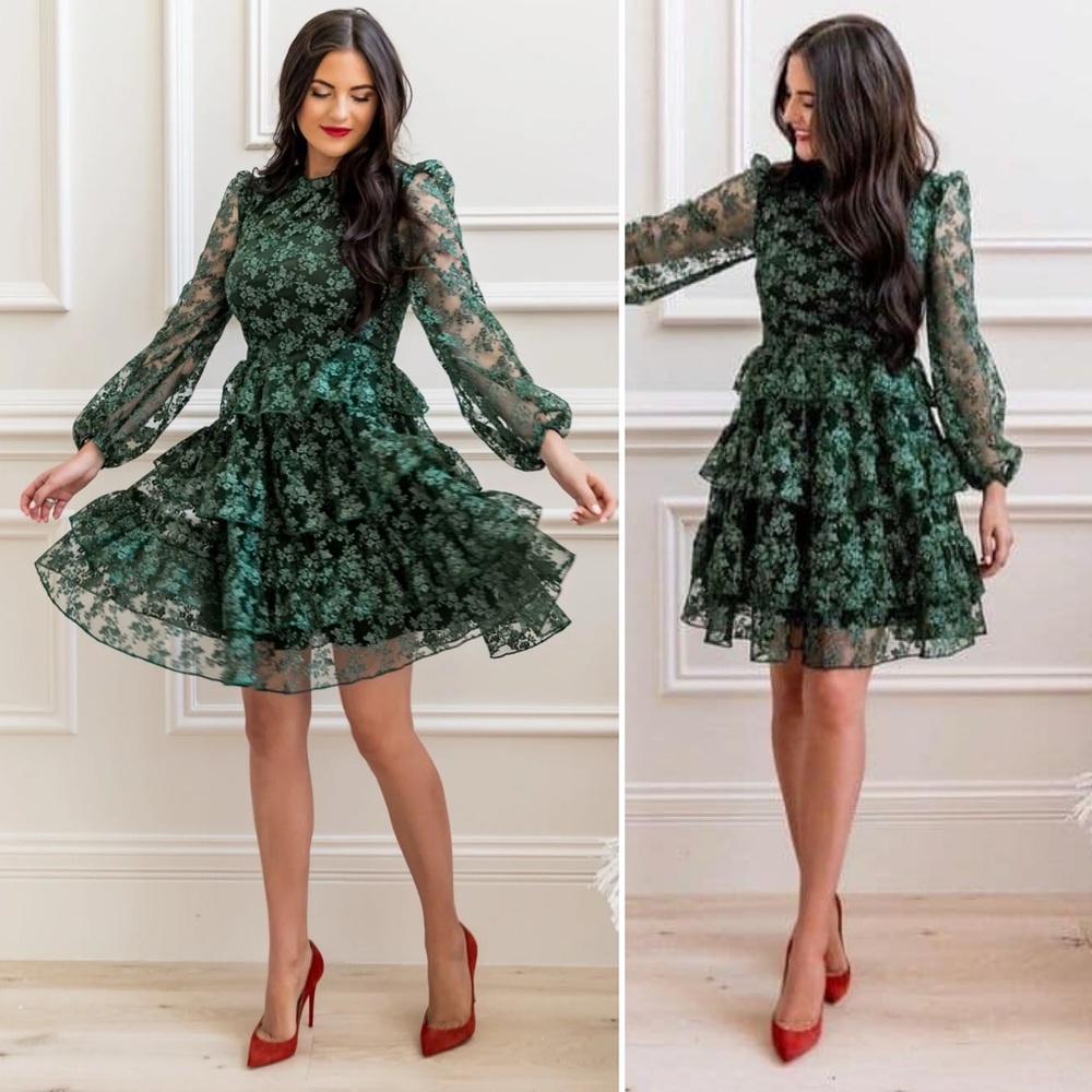 Rachel Parcell Green Metallic Embroidered Long Sleeve Dress